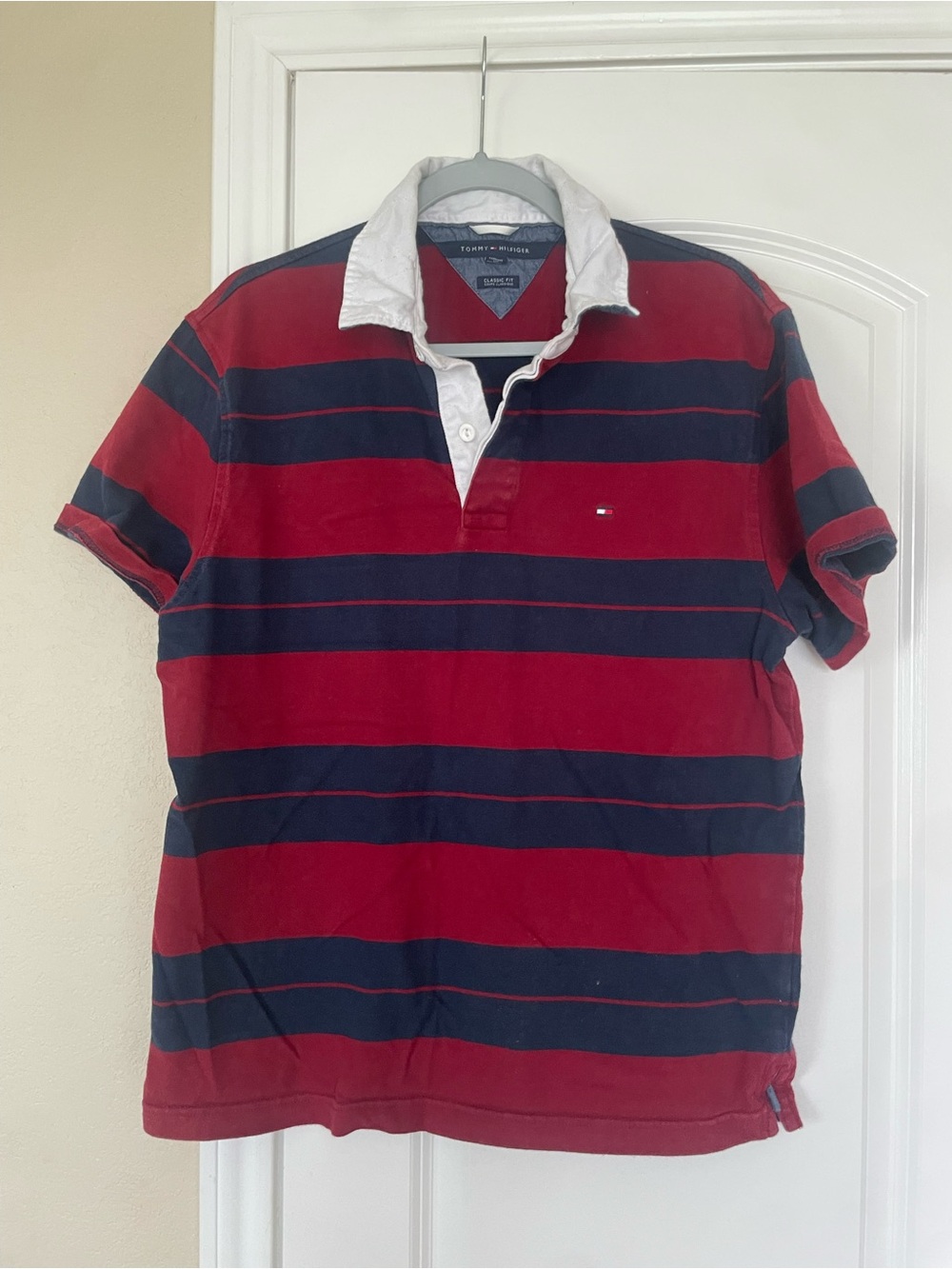 Tommy Hilfiger Men’s Red and Navy Striped Polo with White Collar